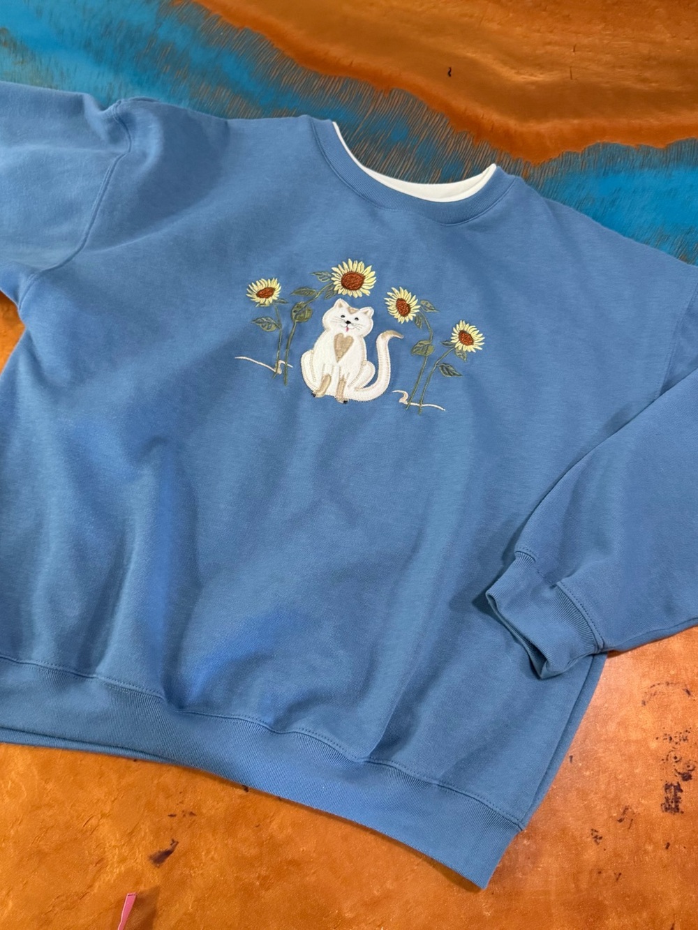Vintage Classic Elements Cat Sunflowers Embroidered Blue Crewneck Sweatshirt